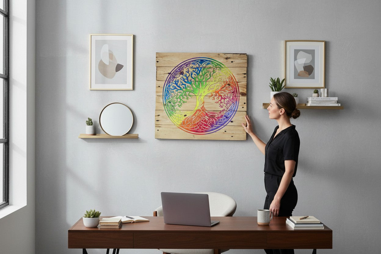 TK Wood Designs Rainbow Tree of Life sign, crafted from reclaimed pallet wood with vibrant rainbow colors. Features intricate tree design with roots and branches.