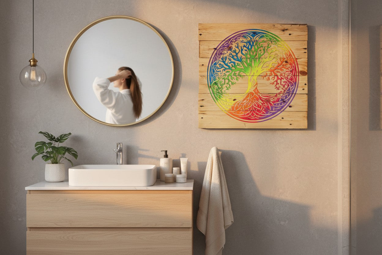 TK Wood Designs Rainbow Tree of Life sign made from reclaimed pallet wood with vibrant rainbow colors. Features intricate tree design.