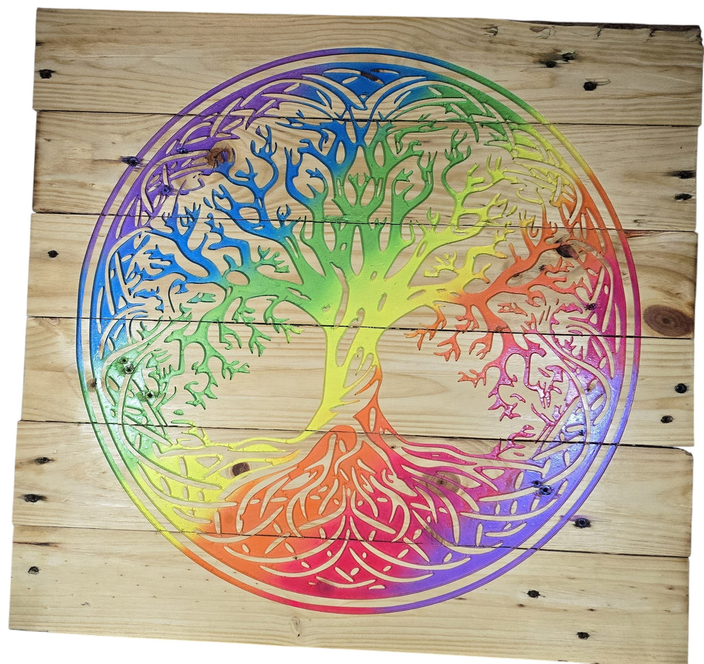 TK Wood Designs Rainbow Tree of Life sign crafted from reclaimed pallet wood with vibrant rainbow colors. Measures 23 1/2" H x 24 1/2" W.