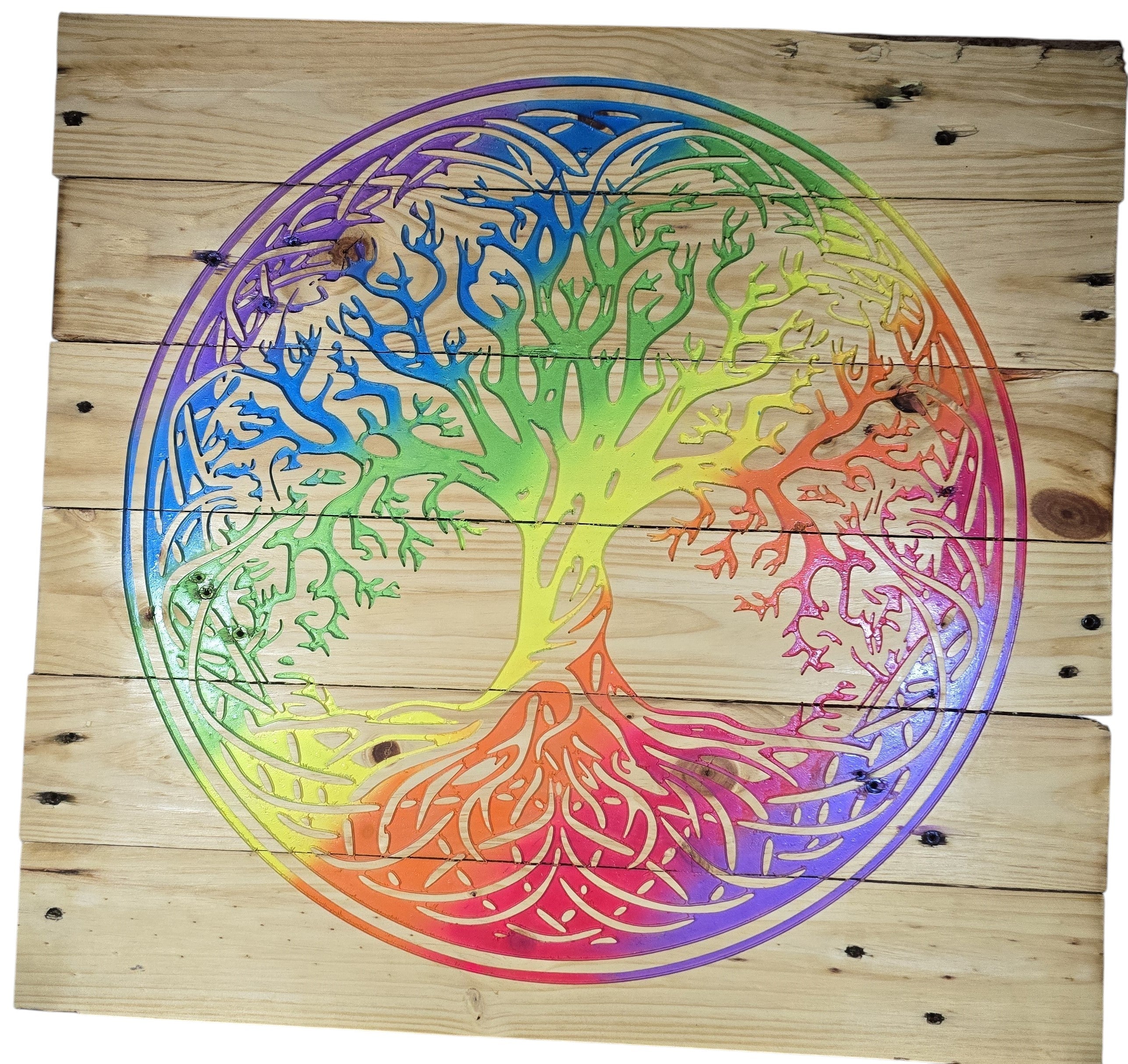 TK Wood Designs Rainbow Tree of Life sign crafted from reclaimed pallet wood with vibrant rainbow colors. Measures 23 1/2" H x 24 1/2" W.
