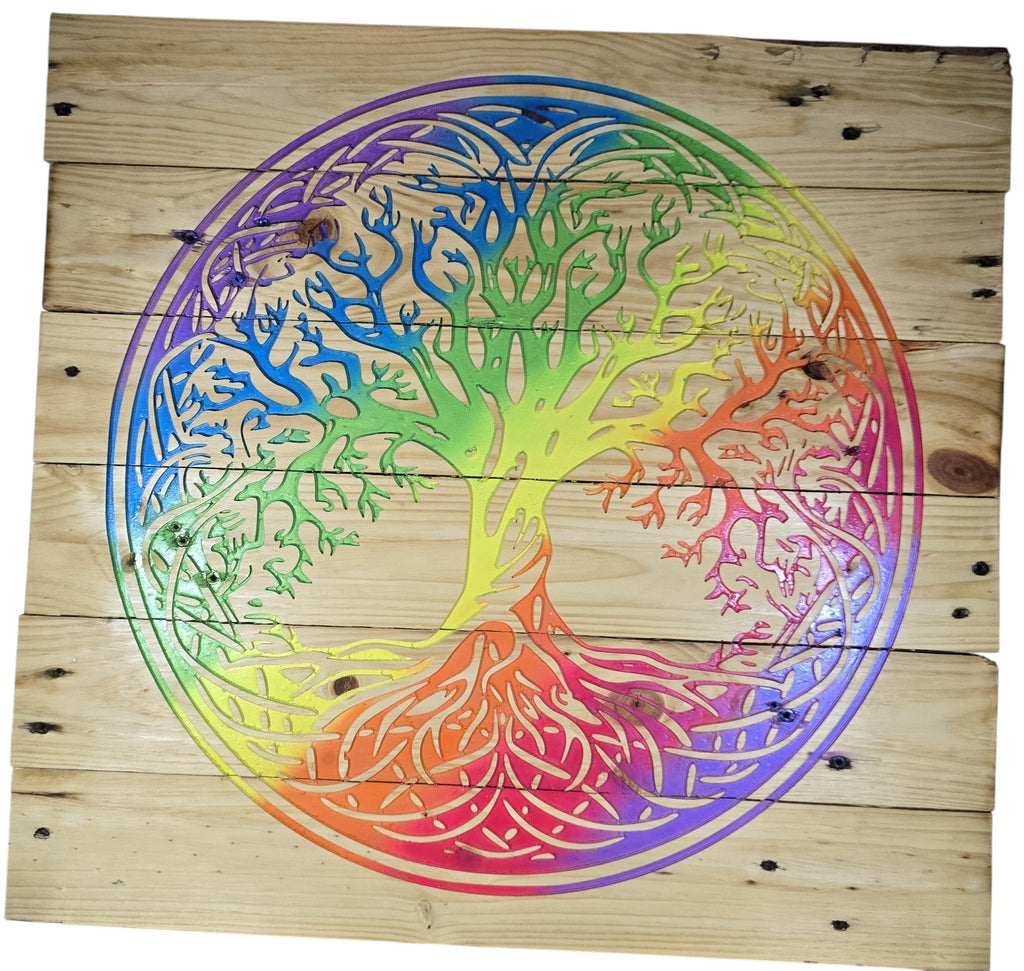 TK Wood Designs Rainbow Tree of Life sign made from reclaimed pallet wood with vibrant rainbow colors.