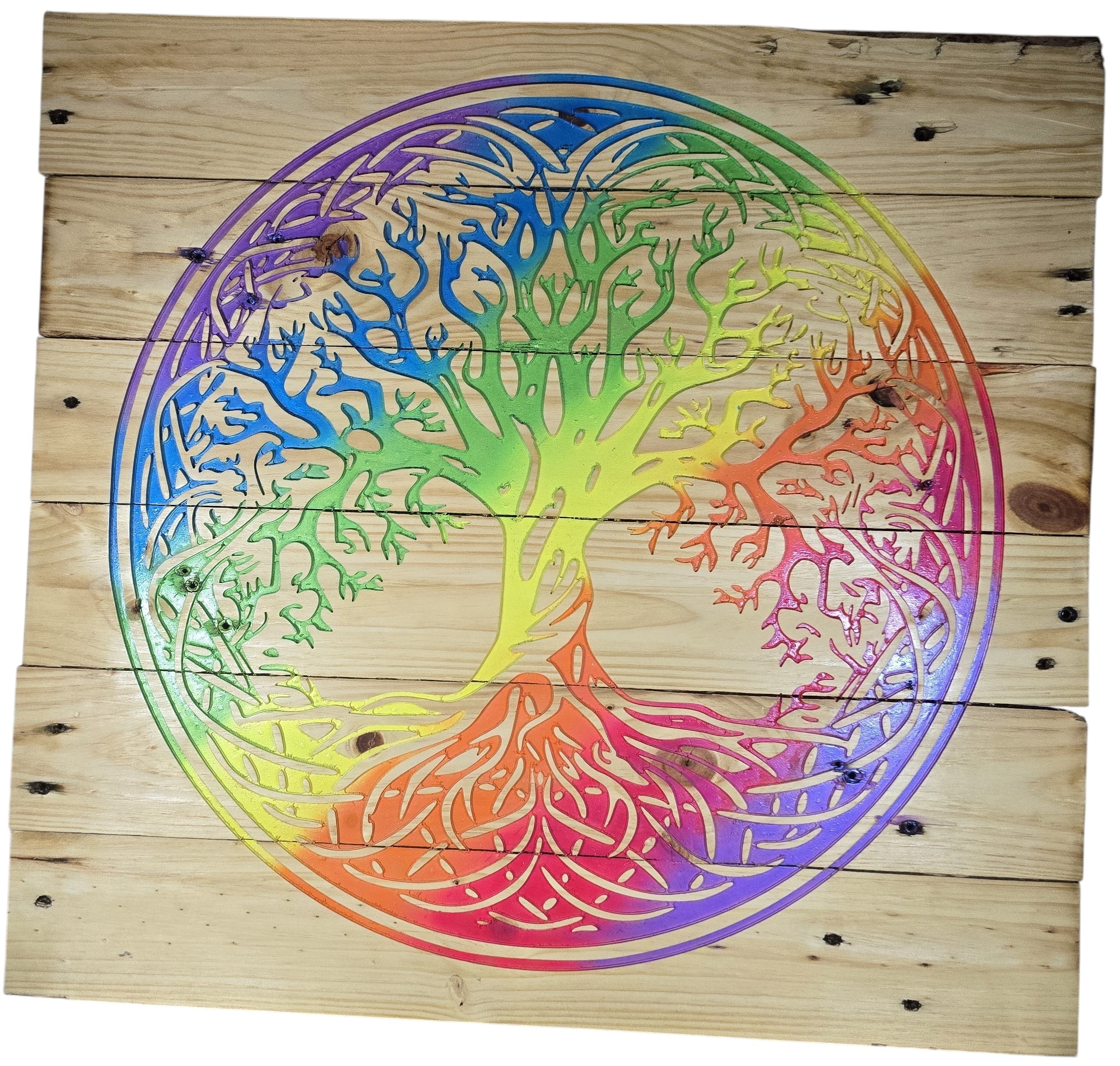 TK Wood Designs Rainbow Tree of Life sign crafted from reclaimed pallet wood with vibrant rainbow colors. Features intricate branches and roots.