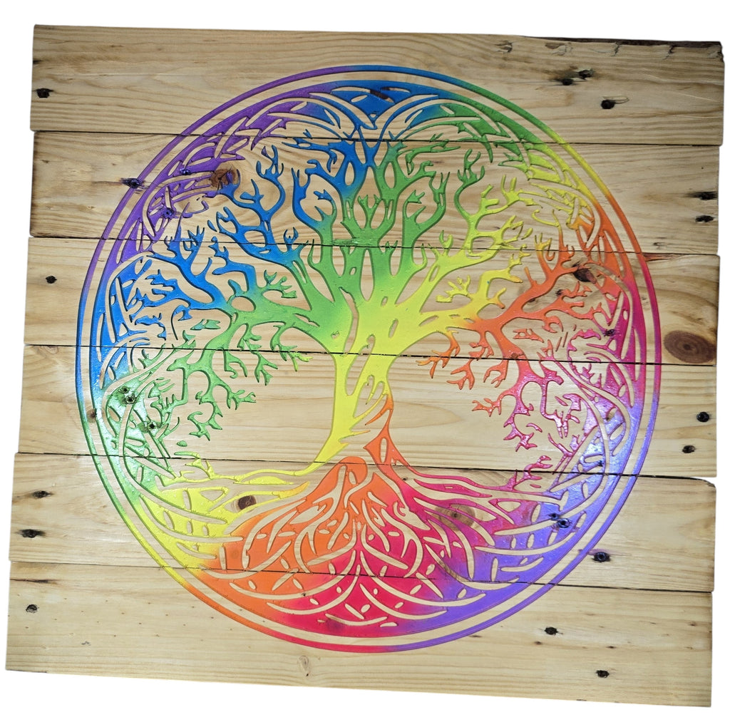 TK Wood Designs Rainbow Tree of Life sign, crafted from reclaimed pallet wood with vibrant rainbow colors. Features intricate tree design with roots and branches.