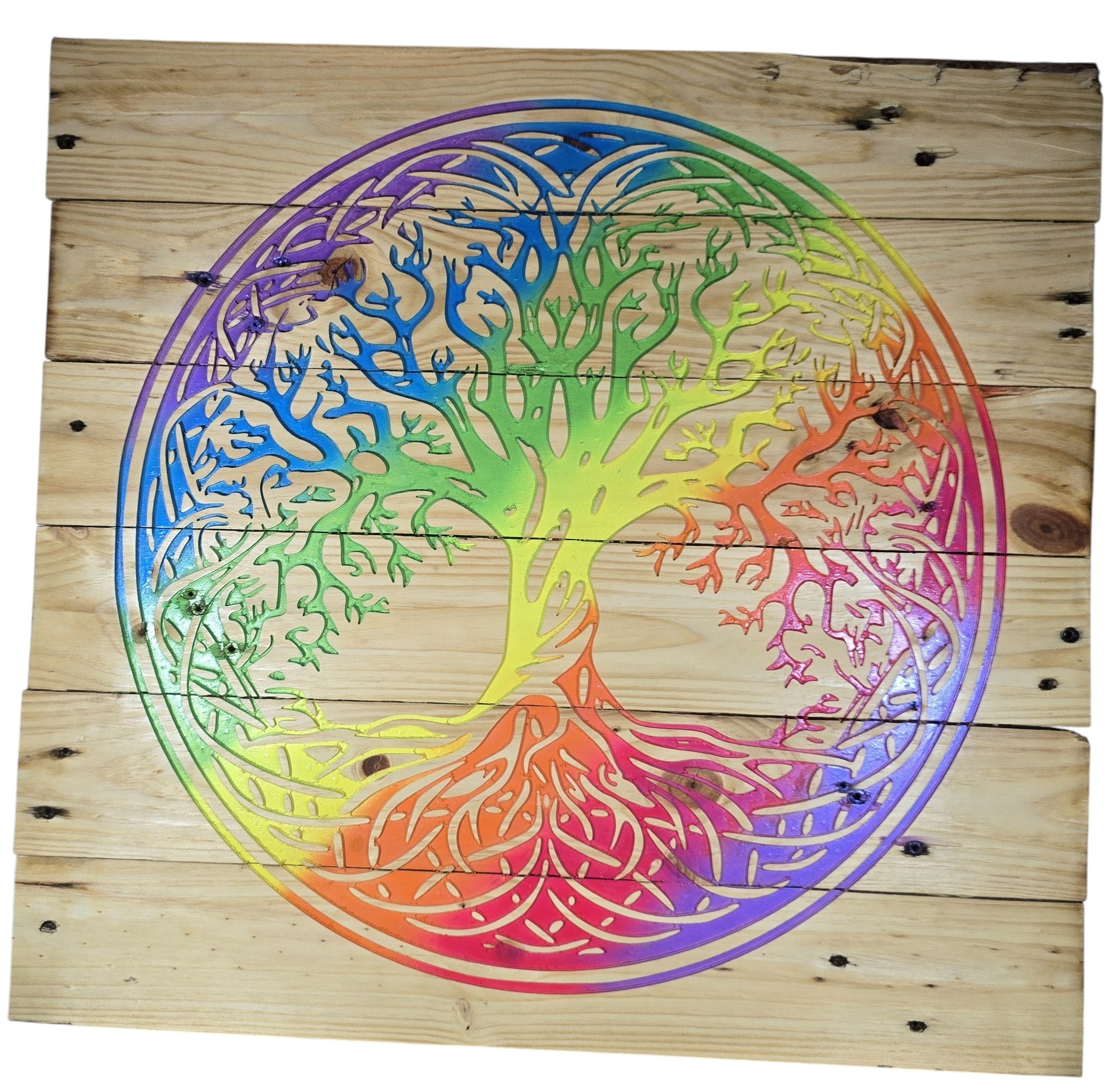 TK Wood Designs Rainbow Tree of Life sign, crafted from reclaimed pallet wood with vibrant rainbow colors. Features intricate tree design with roots and branches.