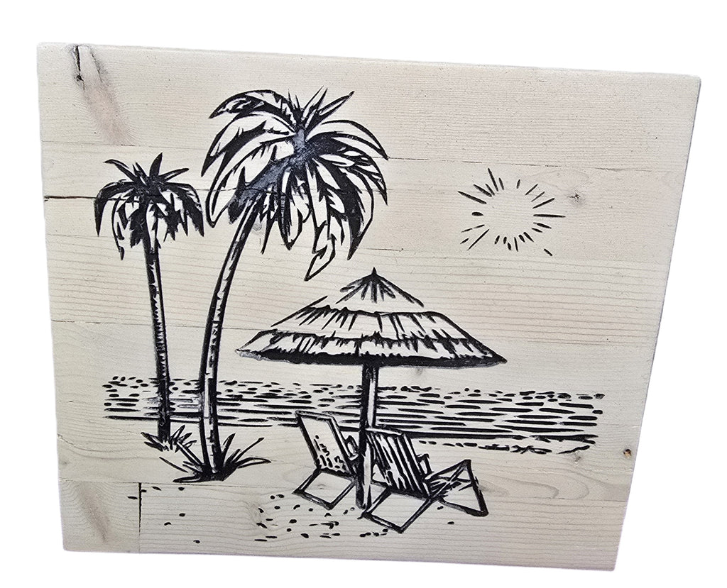 TK Wood Designs reclaimed wood wall art with palm trees, beach chairs, and umbrella. Coastal charm.