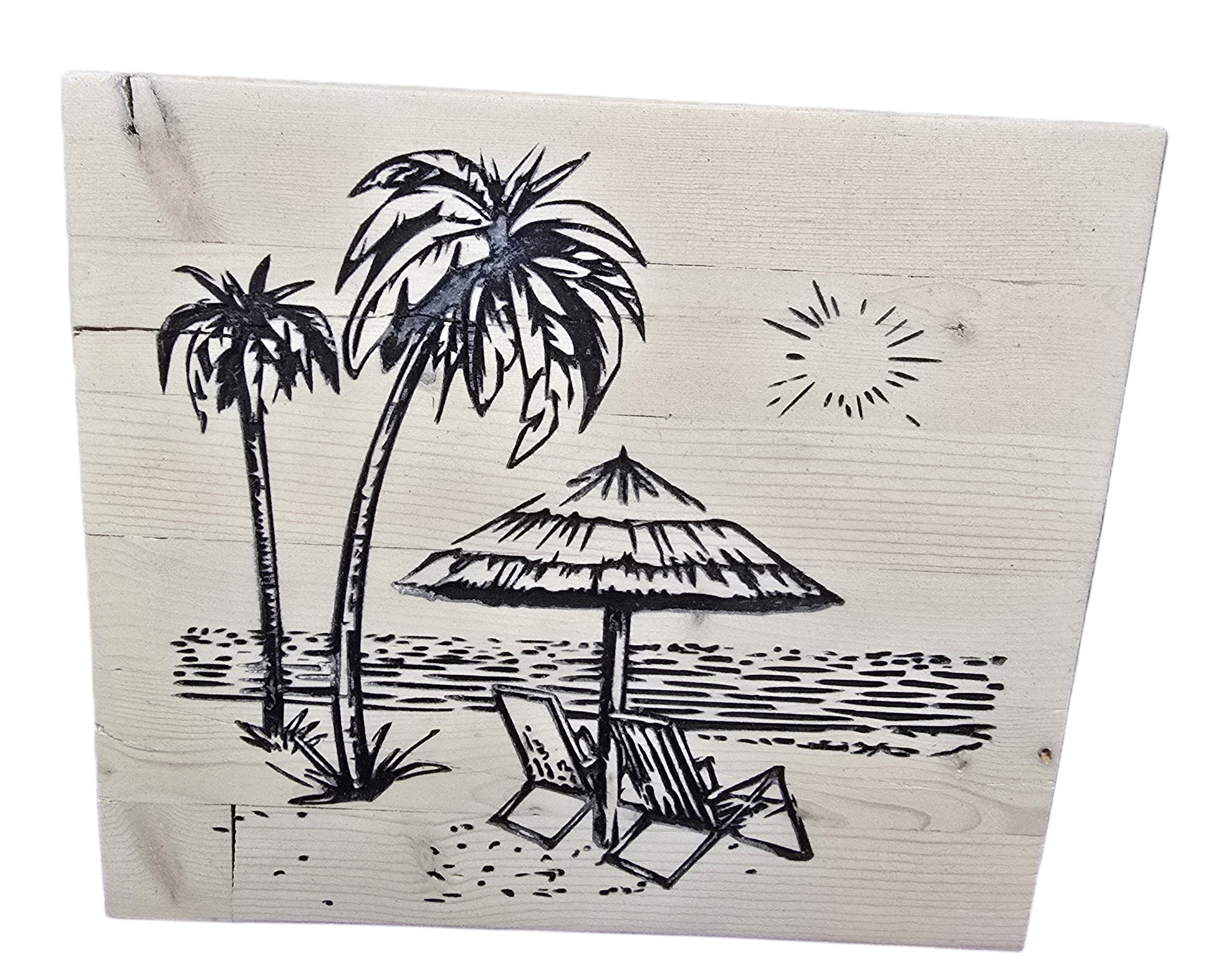 TK Wood Designs reclaimed wood wall art with palm trees, beach chairs, and umbrella. Coastal charm.