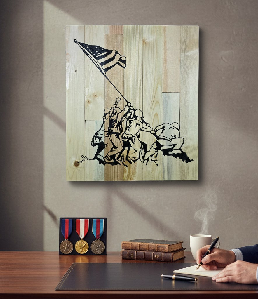 TK Wood Designs reclaimed wood sign featuring a black silhouette of soldiers raising the American flag, inspired by a historic moment.