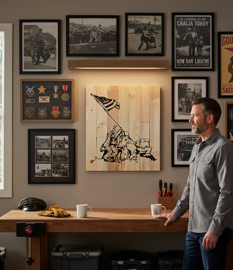 TK Wood Designs reclaimed wood sign featuring a black silhouette of soldiers raising the American flag. Rustic, vintage wall art.
