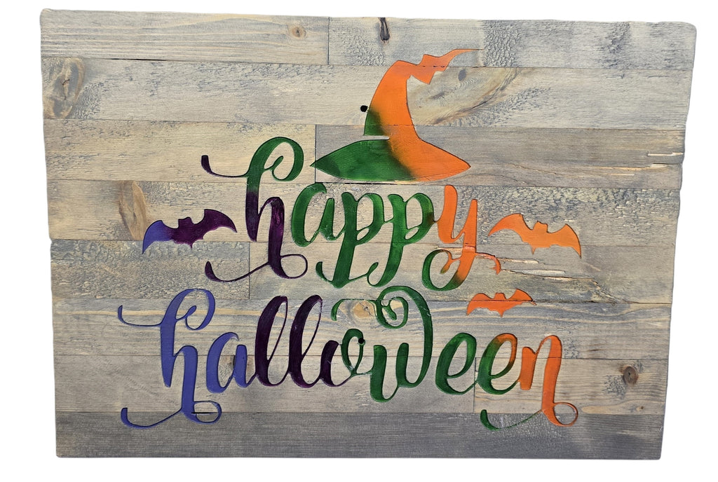 TK Wood Designs reclaimed wood sign with "Happy Halloween" text and witch hat graphic. Features purple and orange bats.