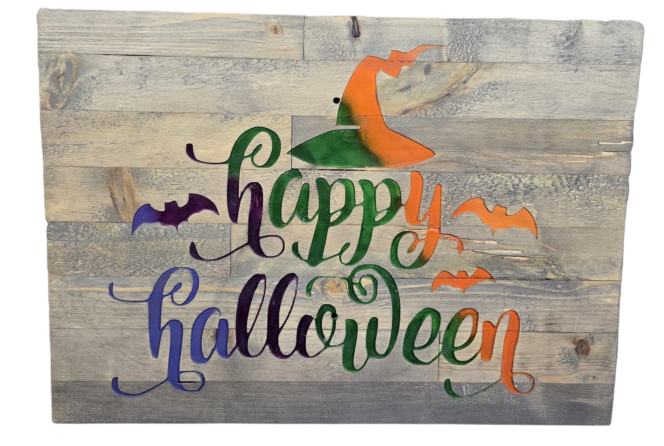 TK Wood Designs reclaimed wood sign with "Happy Halloween" text and witch hat graphic. Features purple and orange bats.