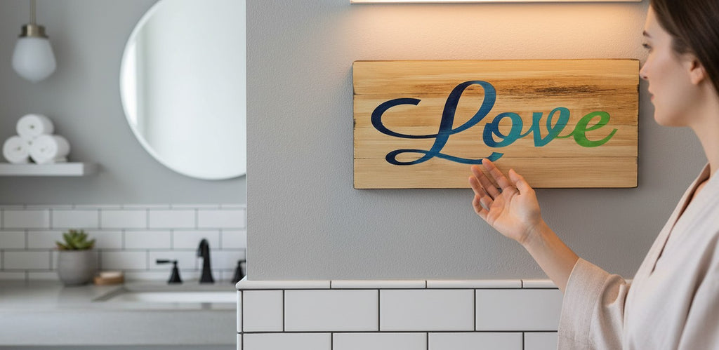 TK Wood Designs reclaimed wood sign with hand-airbrushed 'Love' in blue and green ombre.
