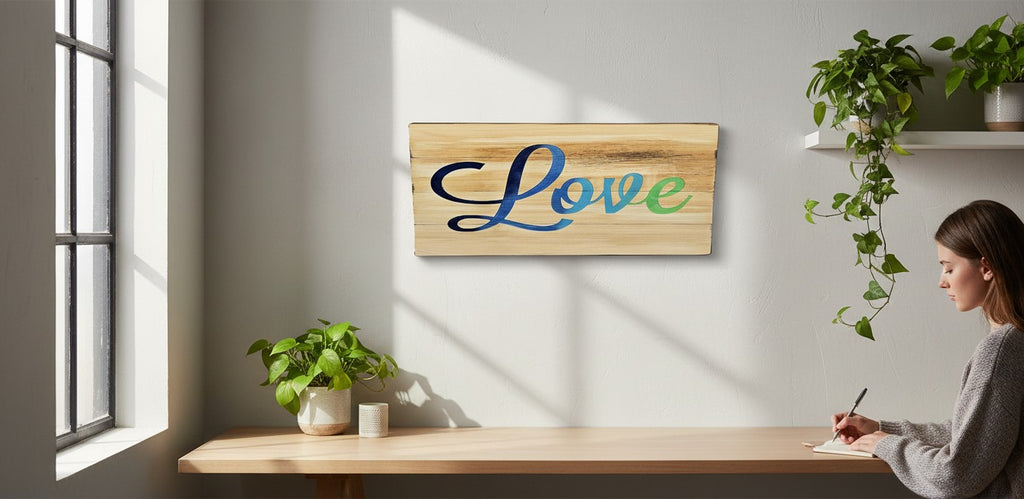TK Wood Designs reclaimed wood sign with hand-airbrushed 'Love' in blue and green ombre.