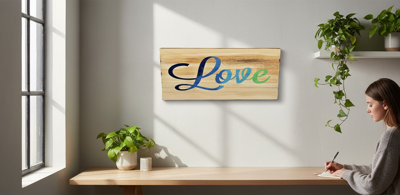TK Wood Designs reclaimed wood sign with hand-airbrushed 'Love' in blue and green ombre.