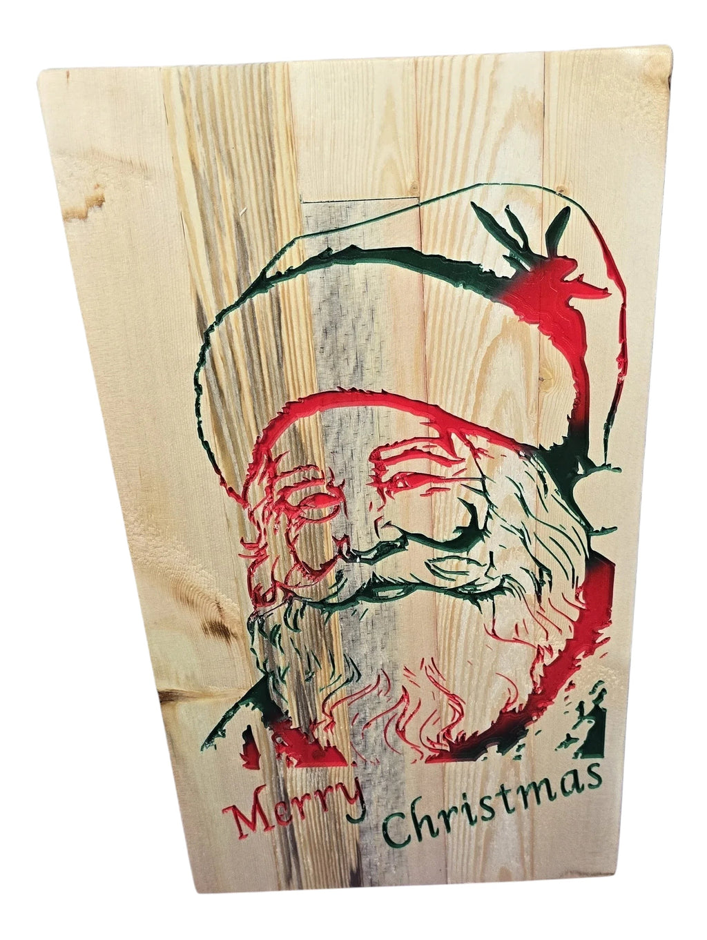 TK Wood Designs Santa Clause sign made from reclaimed wood with red and green painted details and