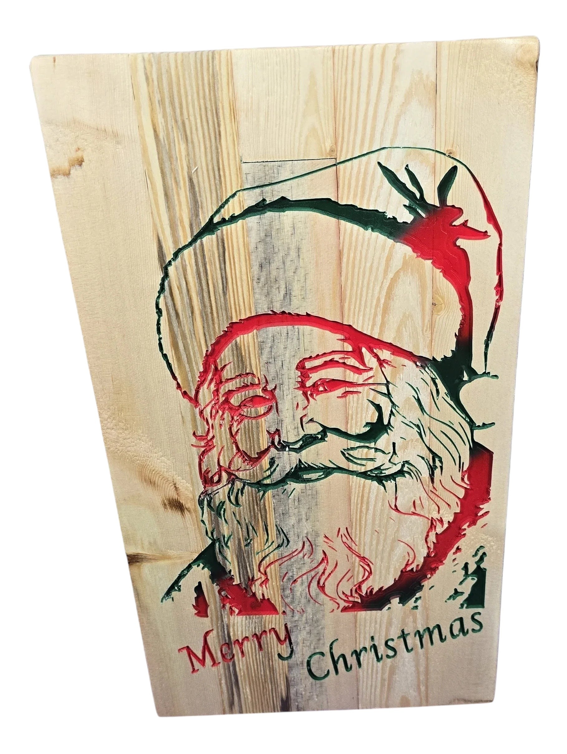 TK Wood Designs Santa Clause sign made from reclaimed wood with red and green painted details and