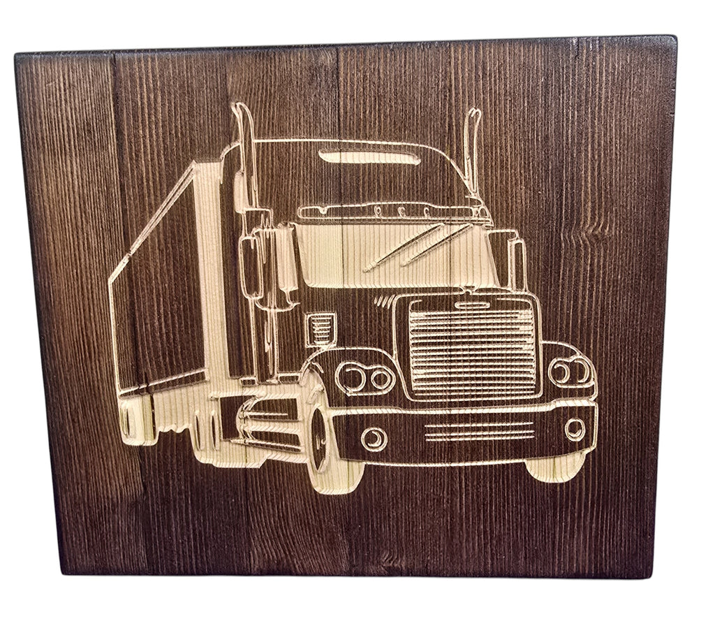 TK Wood Designs handmade semi truck art carved from reclaimed wood, featuring rustic industrial aesthetic.