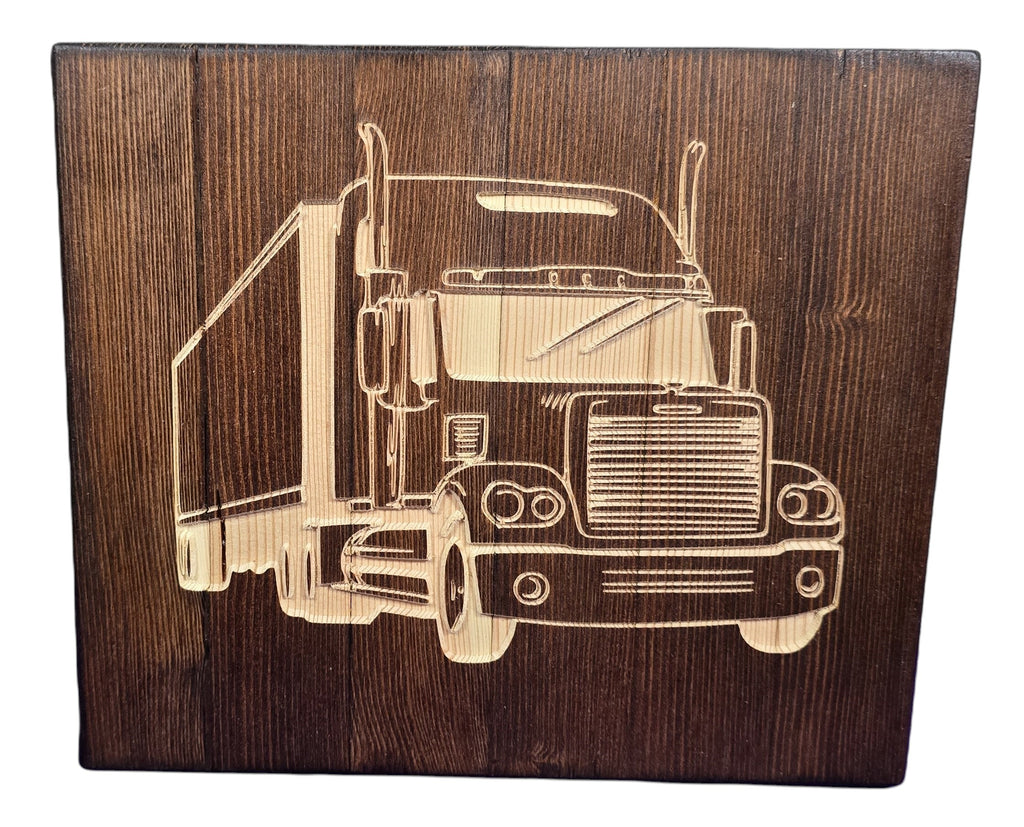 TK Wood Designs handmade semi truck carving from reclaimed wood, featuring rustic industrial aesthetic and detailed engraving.
