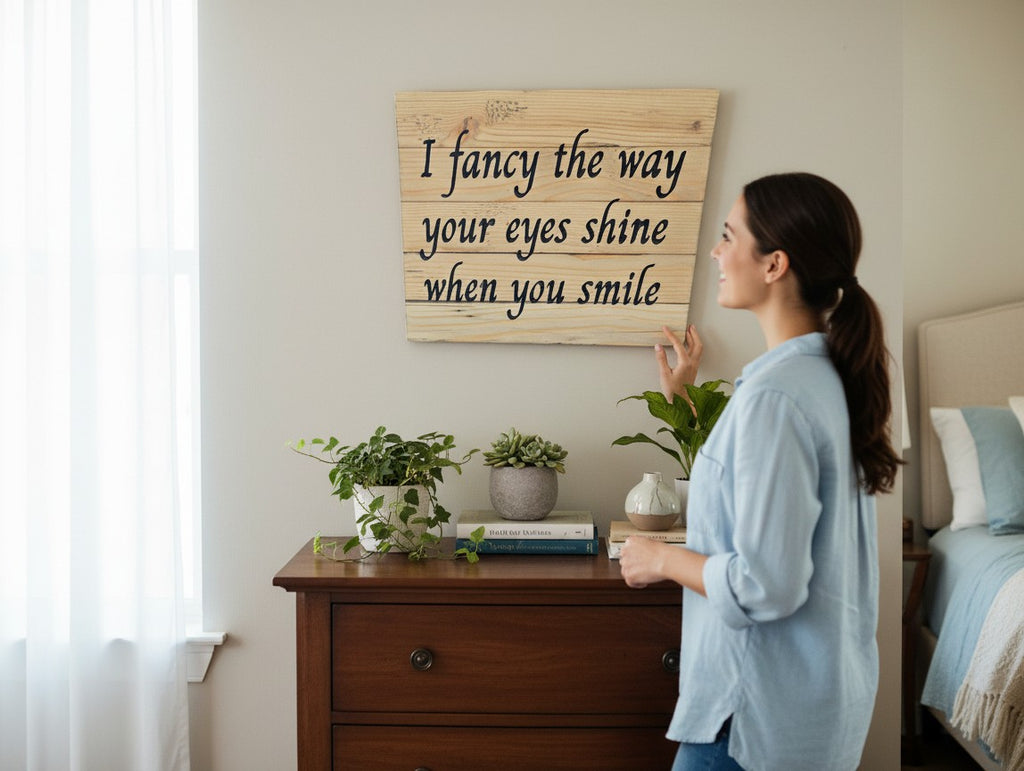 TK Wood Designs reclaimed wood sign with carved text "I fancy the way your eyes shine when you smile".