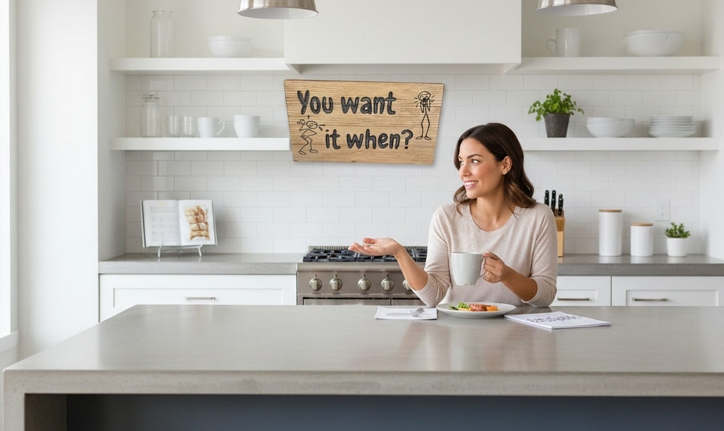 TK Wood Designs handmade reclaimed wood sign with witty hand-painted lettering "You want it when?" and stick figures. Rustic home decor.