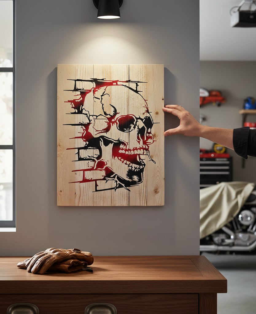 TK Wood Designs reclaimed wood skull art with red and black stencil. Rustic wall decor.
