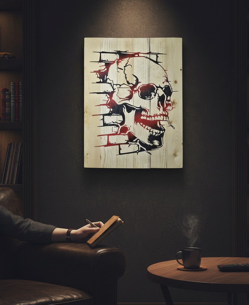 TK Wood Designs reclaimed wood skull art with red and black stencil. Rustic wall decor.