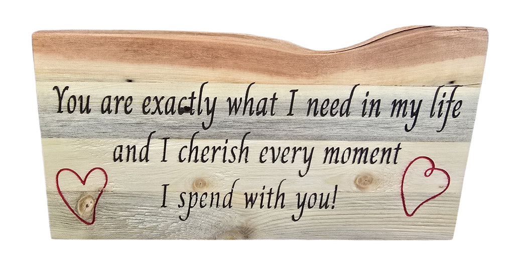 TK Wood Designs reclaimed wood wall art with hand-lettered quote 'You are exactly what I need in my life and I cherish every moment I spend with you!' and red heart accents.