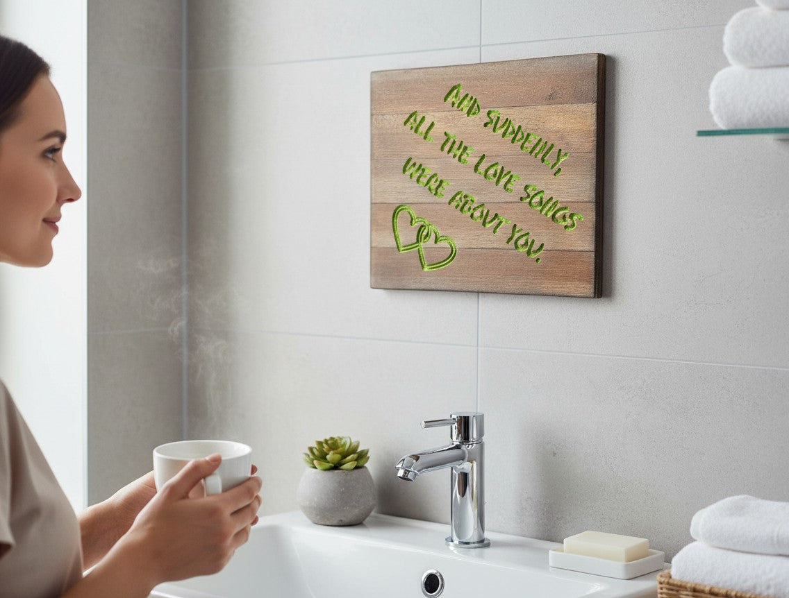 TK Wood Designs reclaimed wood wall decor with carved text "And suddenly all the love songs were about you" and two interlocking hearts.