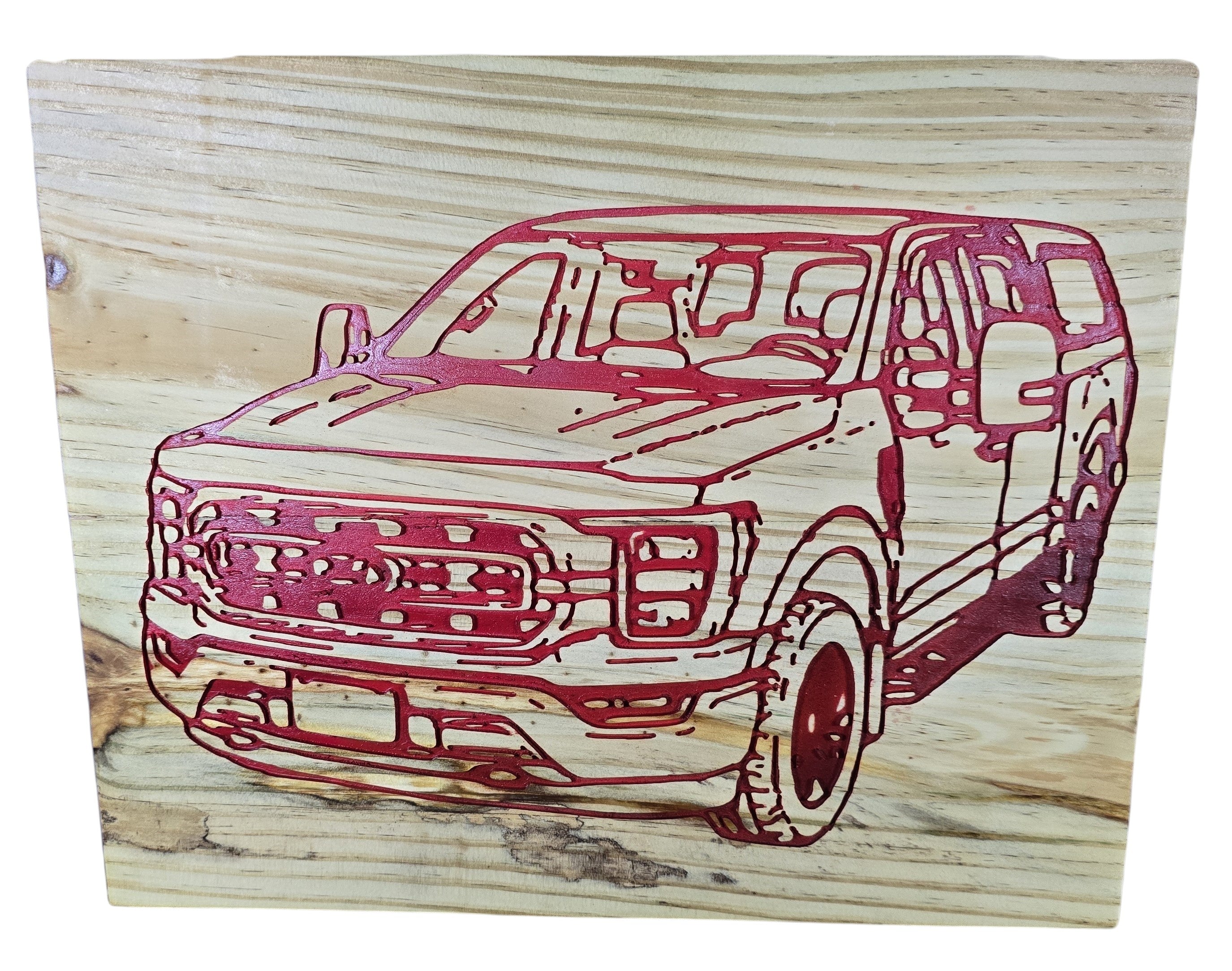 TK Wood Designs natural wood wall art with laser-engraved red pickup truck design.
