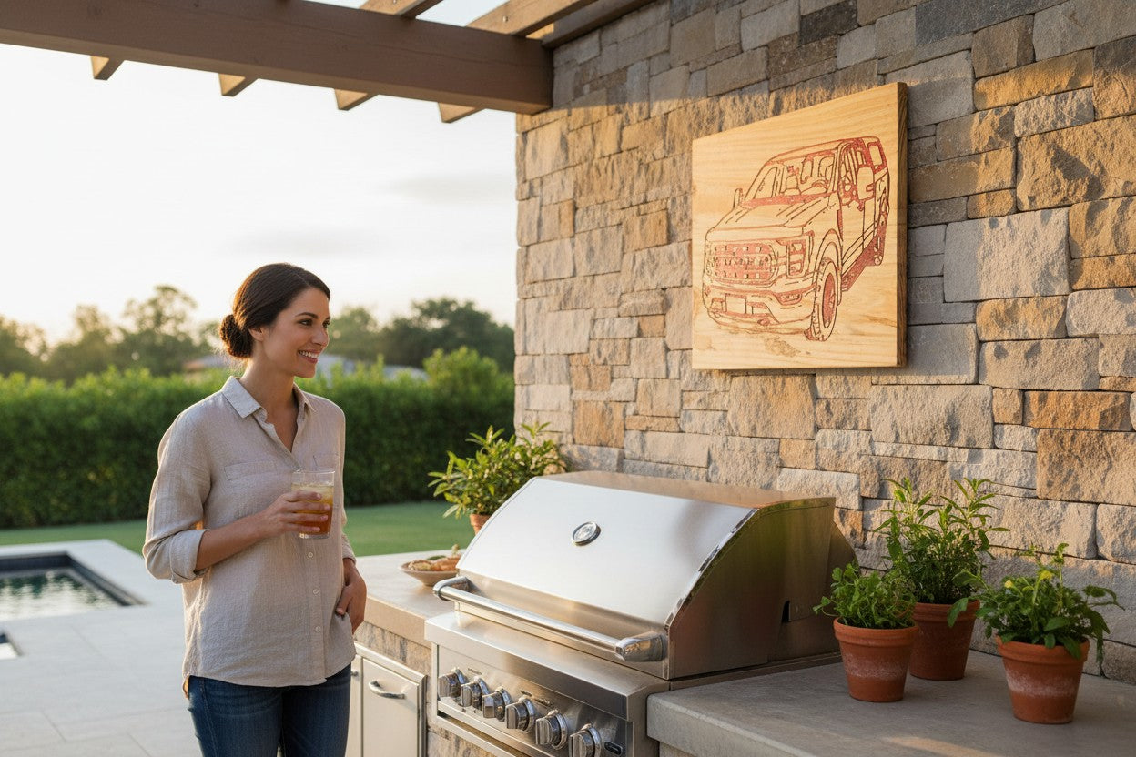 TK Wood Designs natural wood wall art featuring a laser-engraved red pickup truck design.