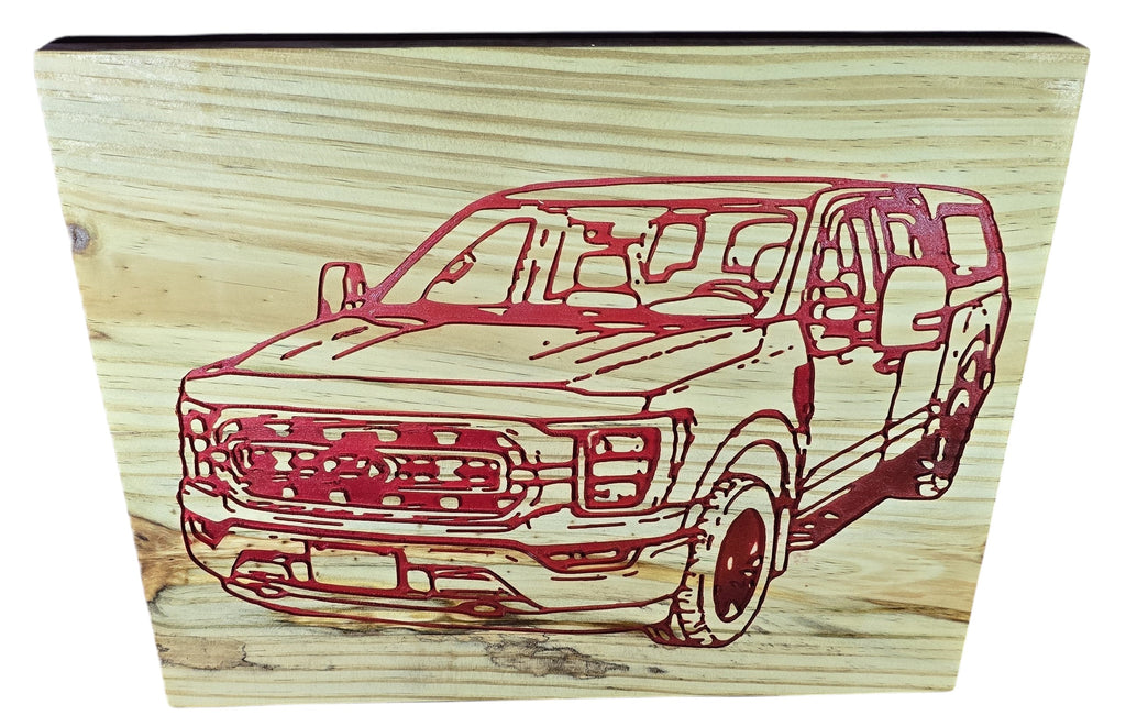TK Wood Designs natural wood wall art with laser-engraved red pickup truck design.