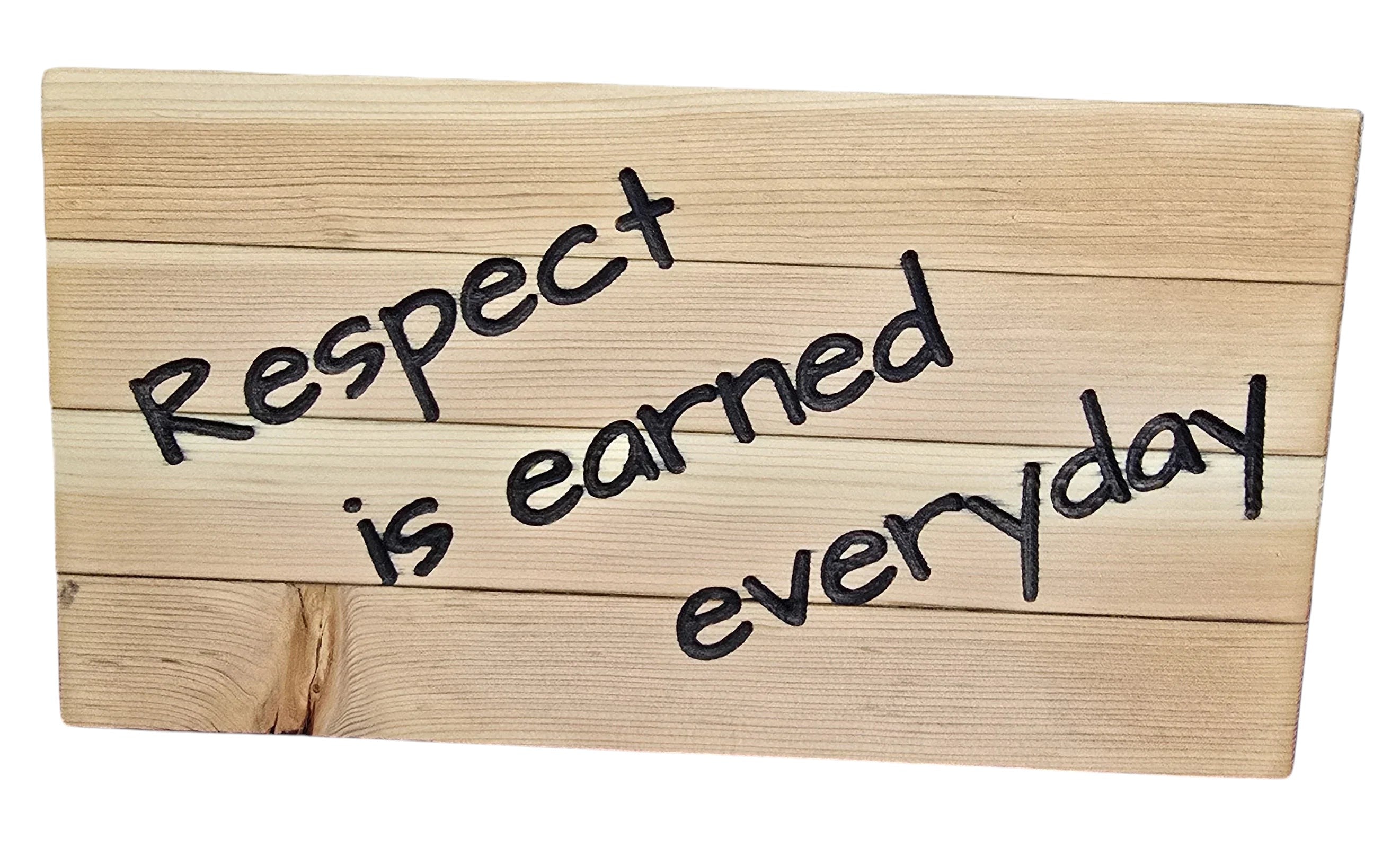 TK Wood Designs wooden sign with black text reading "Respect is earned everyday". Natural wood planks.