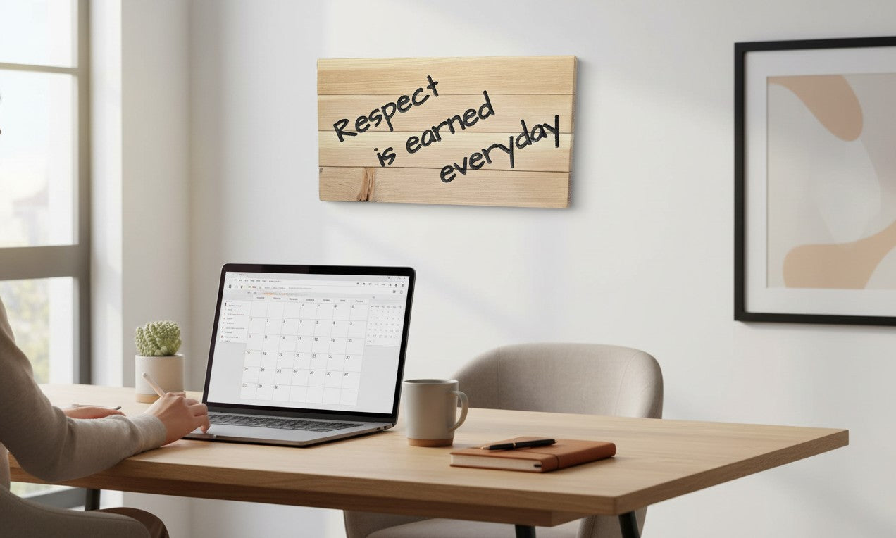 TK Wood Designs wooden sign with black text reading "Respect is earned everyday". Natural wood planks.