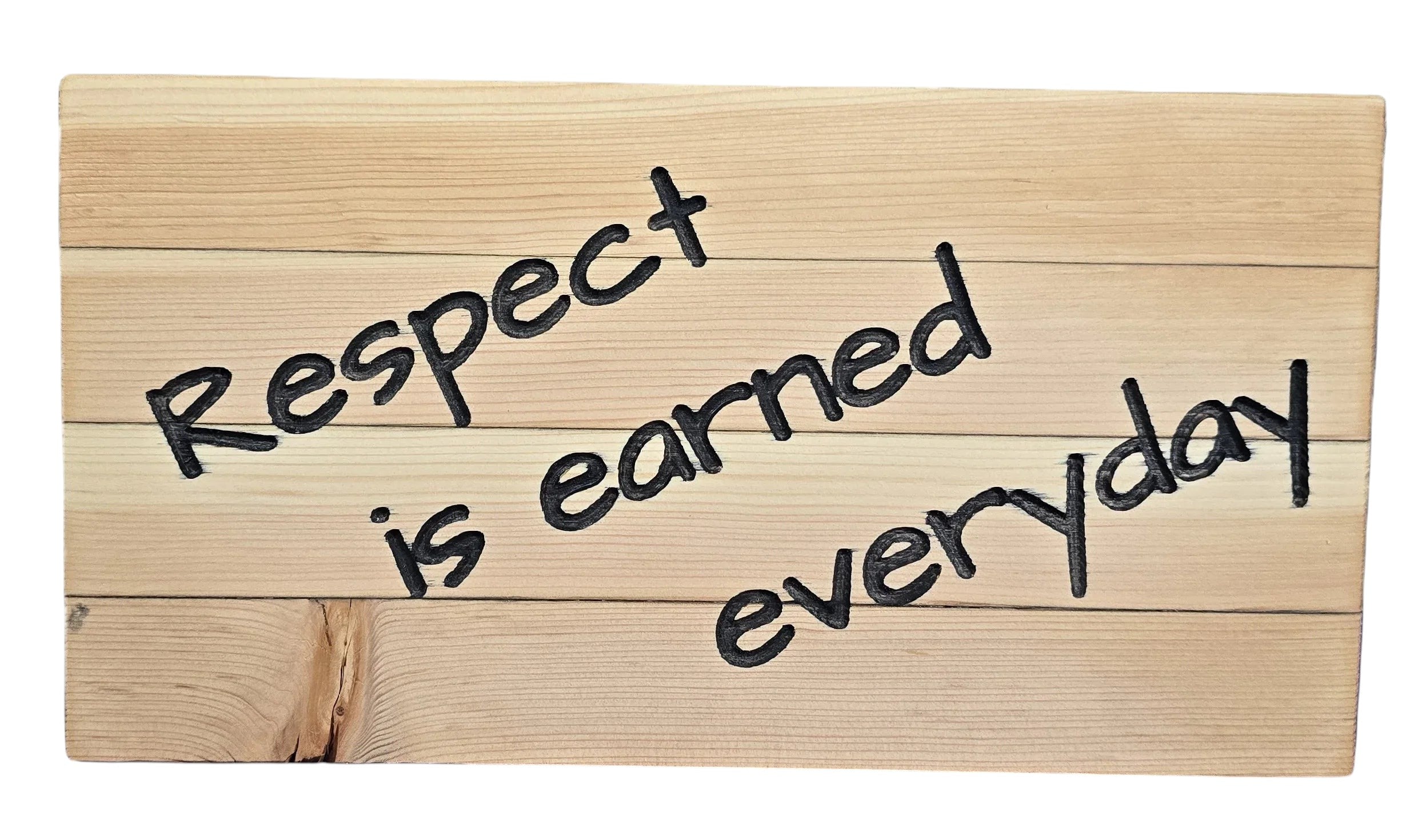 TK Wood Designs wooden sign with black hand-painted text: Respect is earned everyday. Natural wood planks.