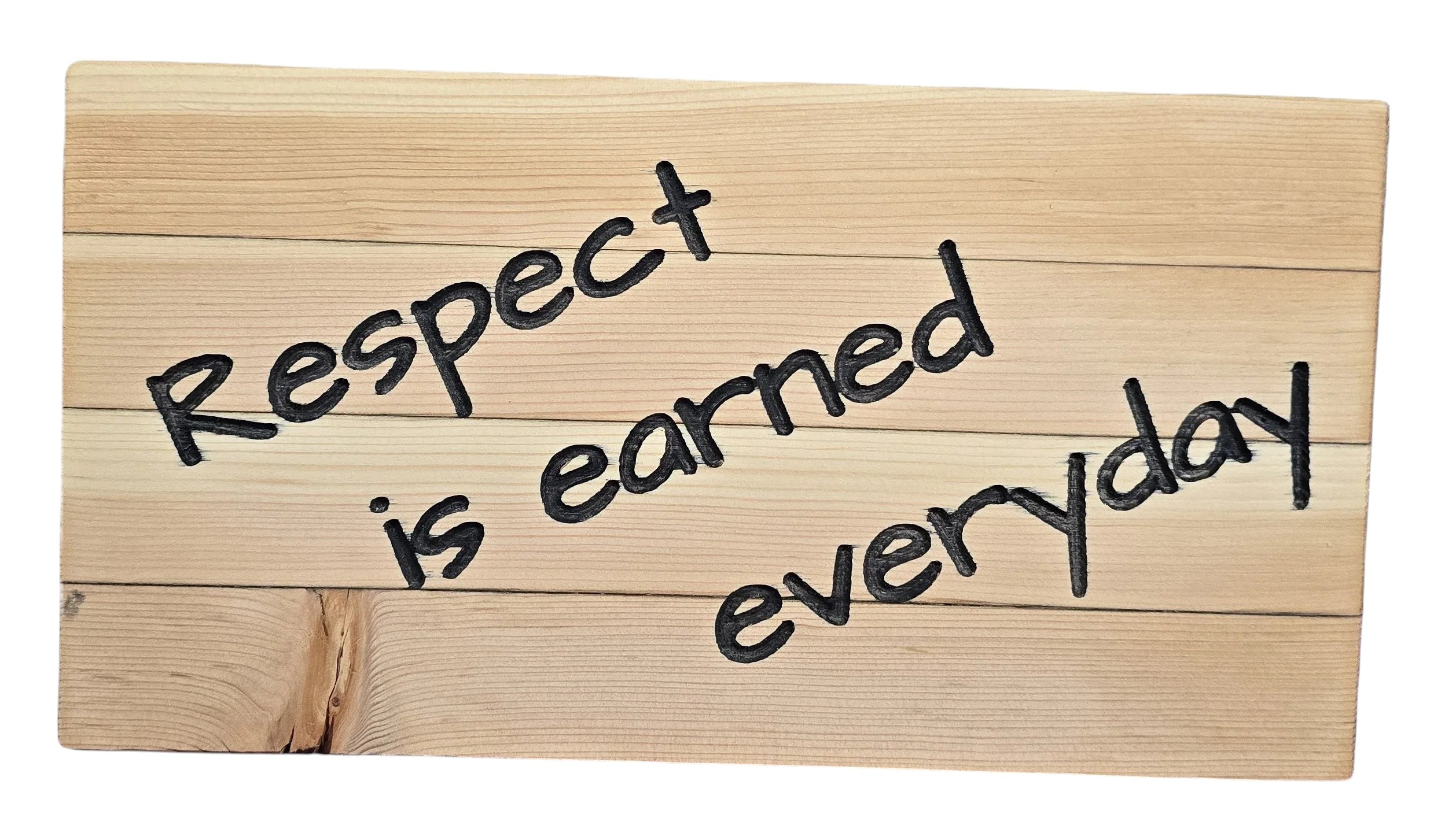 TK Wood Designs wooden sign with black text reading "Respect is earned everyday".