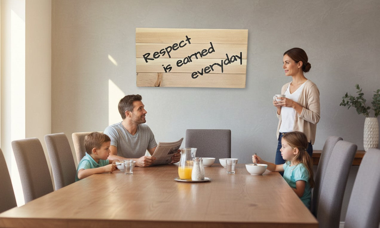 TK Wood Designs wooden sign with black text reading "Respect is earned everyday", handcrafted quality, motivational decor.