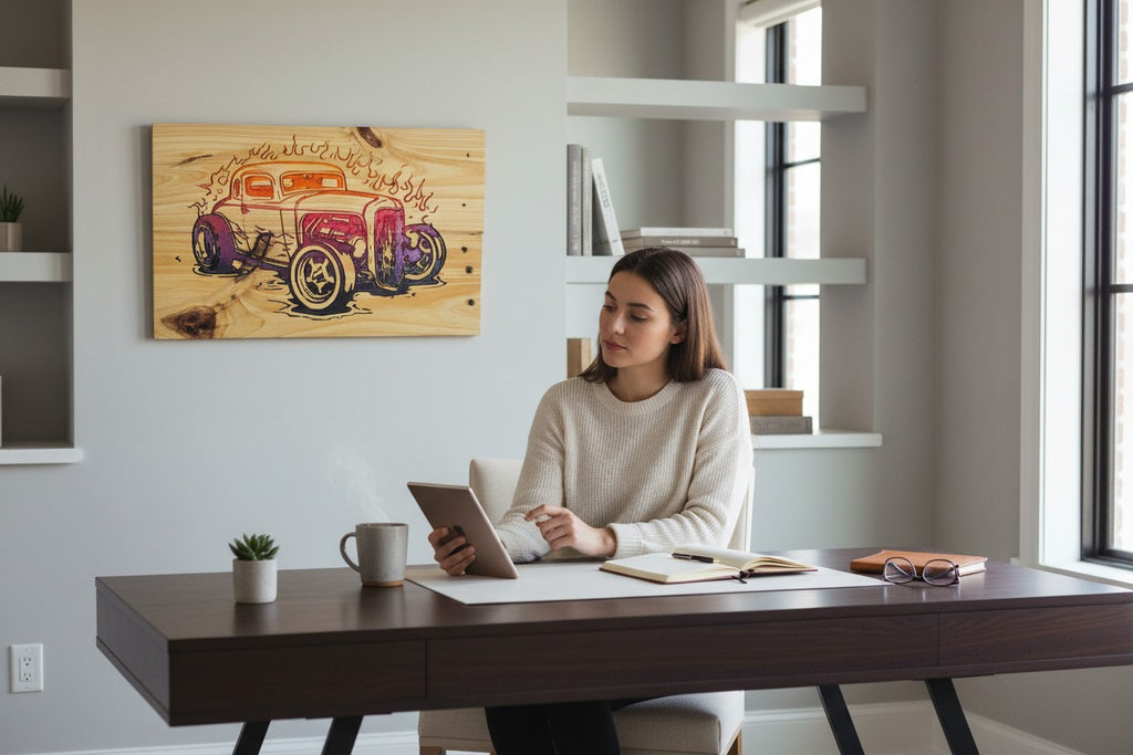 TK Wood Designs roadster wood sign with flames, featuring a vintage hot rod in orange, purple, and red hues on reclaimed wood.