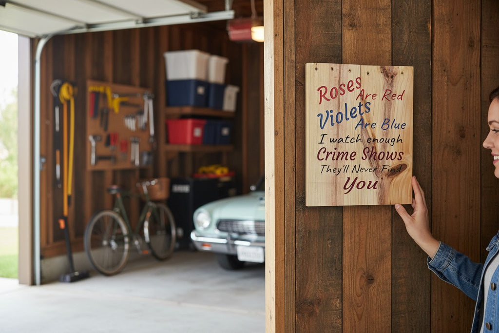 TK Wood Designs wooden sign with red and blue text: Roses are Red, Violets are Blue, I watch enough Crime Shows, They'll Never Find You.