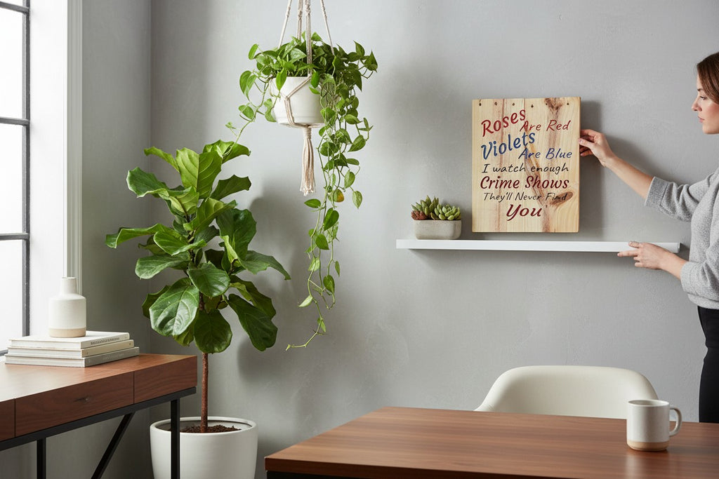 TK Wood Designs wooden sign with red and blue text reading "Roses Are Red Violets Are Blue I watch enough Crime Shows They'll Never Find You".