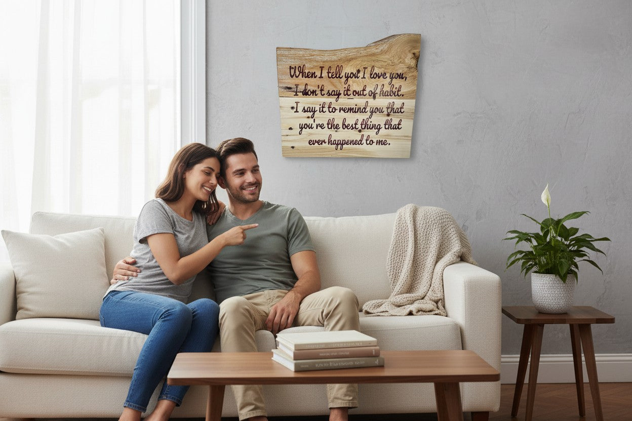 TK Wood Designs rustic wood sign with carved text: "When I tell you I love you, I don't say it out of habit. I say it to remind you that you're the best thing that ever happened to me."
