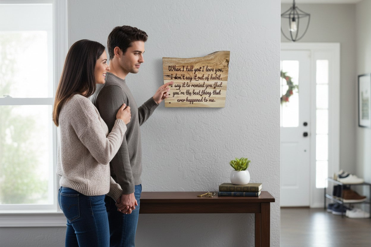 TK Wood Designs rustic wood sign with carved text: "When I tell you I love you, I don't say it out of habit. I say it to remind you that you're the best thing that ever happened to me."