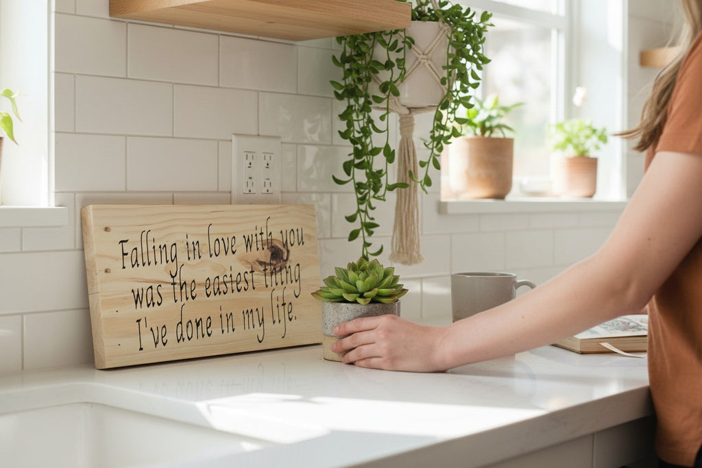 TK Wood Designs rustic wood sign with quote "Falling in love with you was the easiest thing I've done in my life."