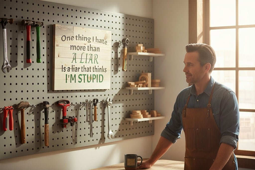 TK Wood Designs rustic wood sign with black and green text: "One thing I hate more than a liar is a liar that thinks I'M STUPID."