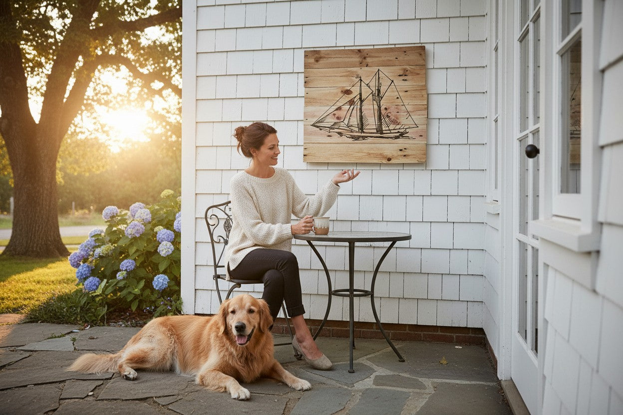 TK Wood Designs rustic sailboat art on weathered pallet wood, 23.5" H x 24.5" W.