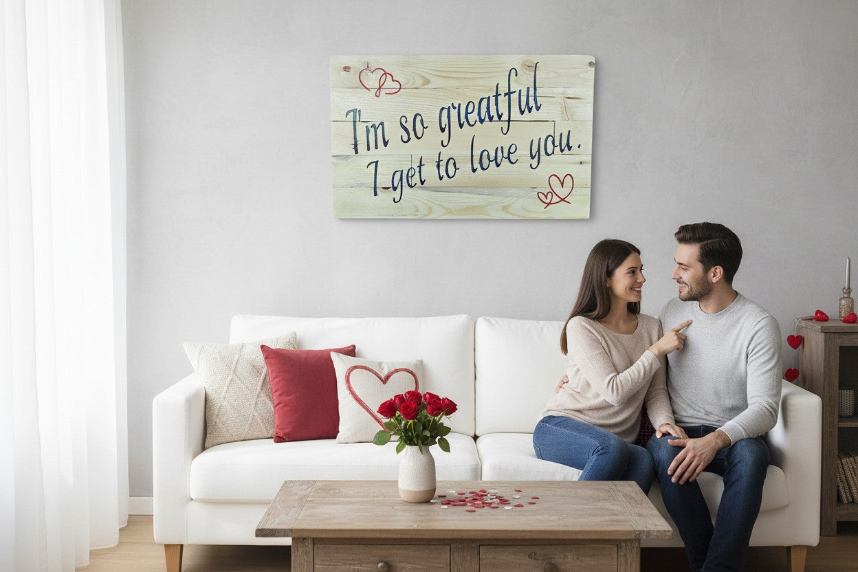 TK Wood Designs salvaged wood sign with blue script text 'I'm so greatful I get to love you.' and red heart accents.