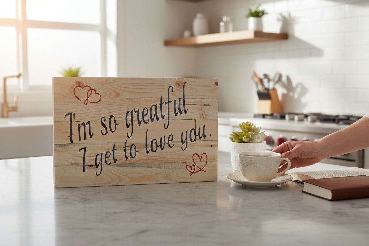TK Wood Designs salvaged wood sign with navy blue script reading 'I'm so greatful I get to love you.' accented with red hearts.