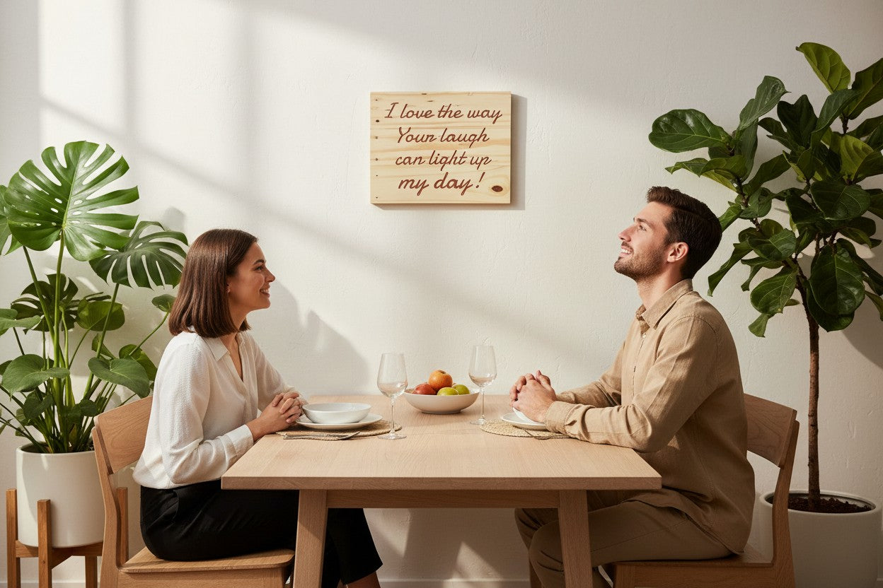 TK Wood Designs salvaged wood sign with carved text "I love the way your laugh can light up my day!" in a rustic, natural wood finish.