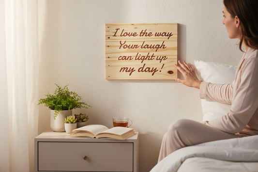 TK Wood Designs salvaged wood sign with carved text "I love the way your laugh can light up my day!" in a rustic, natural wood finish.