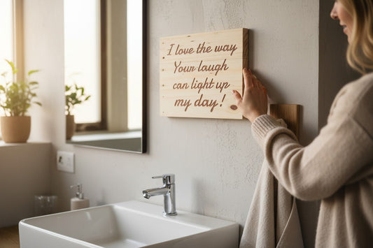 TK Wood Designs salvaged wood sign with carved text "I love the way your laugh can light up my day!" in a rustic, natural wood finish.