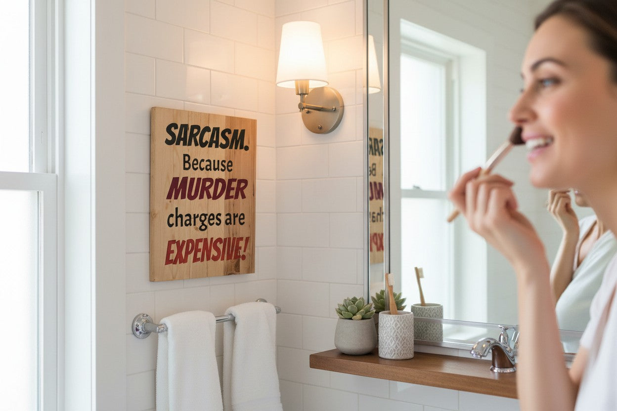 TK Wood Designs wooden sign with black and red text reading "Sarcasm. Because Murder charges are EXPENSIVE!"