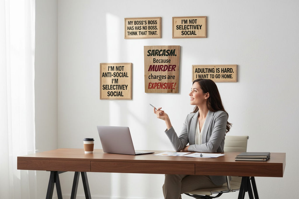 TK Wood Designs wooden sign with "Sarcasm. Because murder charges are expensive!" in black and red lettering.